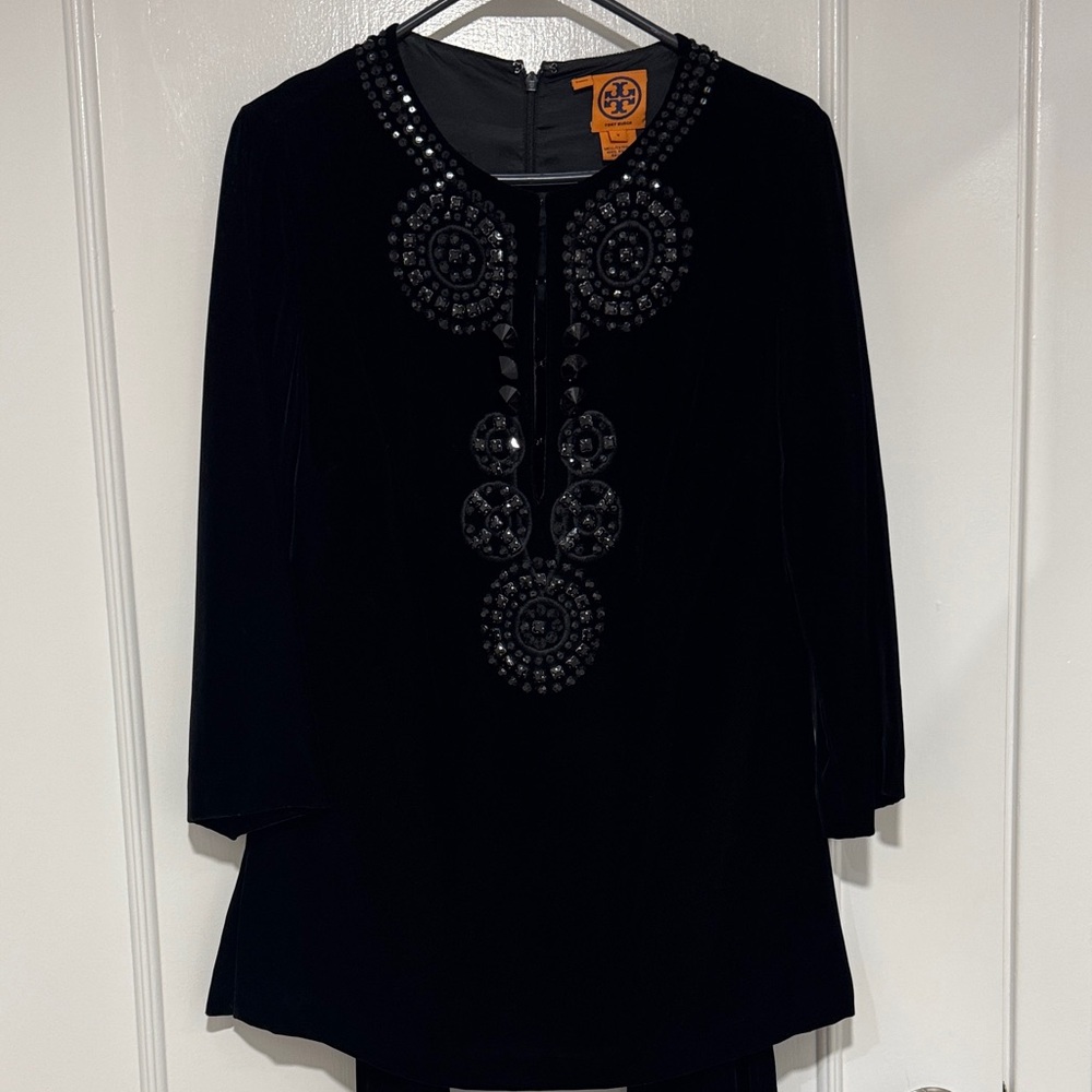 Tory Burch Black Velvet Embellished Blouse and Pant set Top 6 Pants 2
